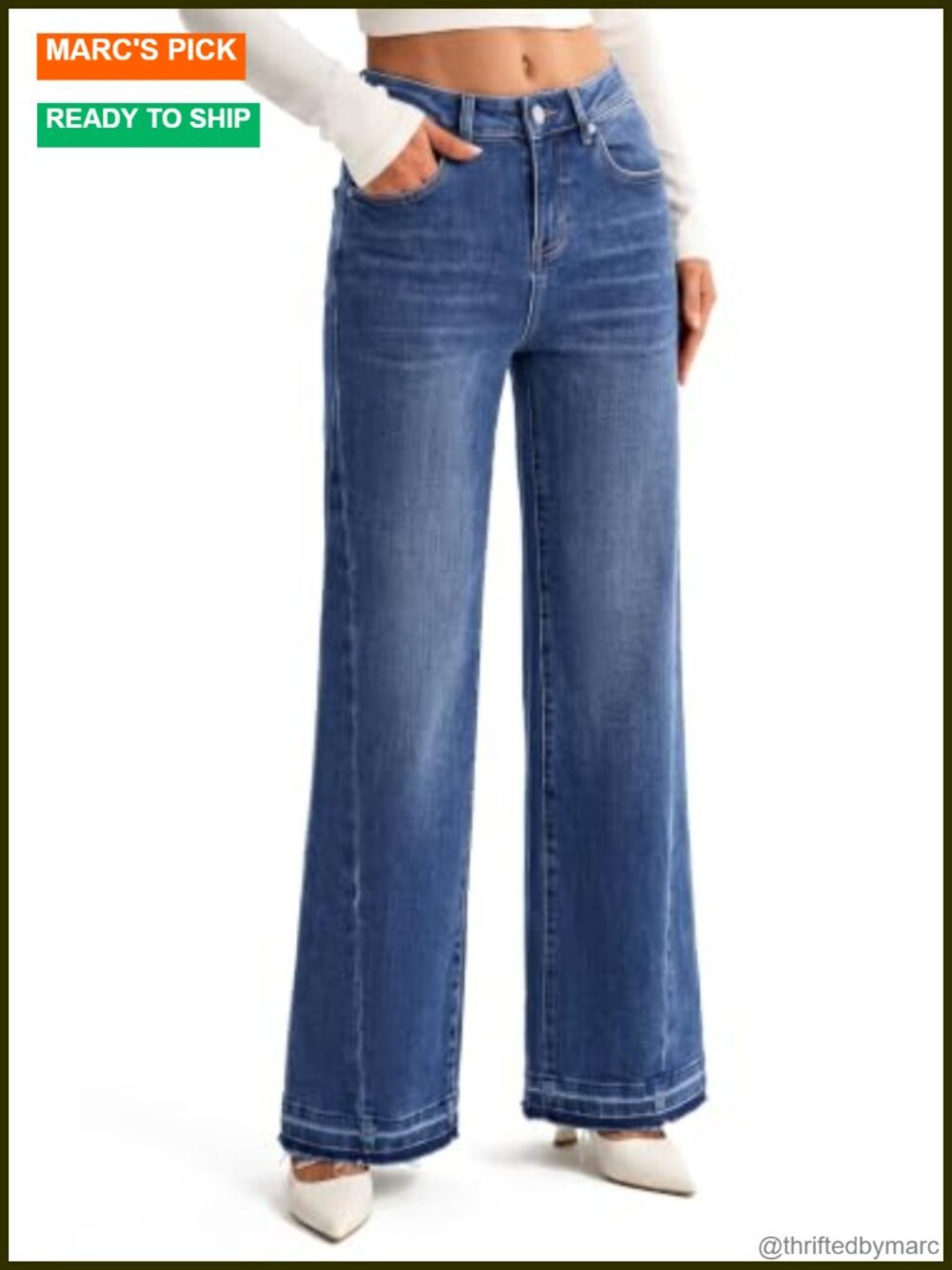High Waisted Stretchy Wide Leg Jeans Patchwork Raw Hem Cropped